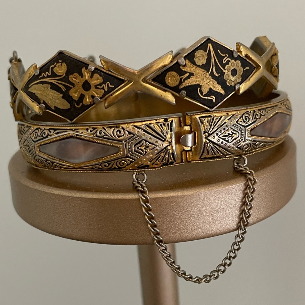Vintage Russian bracelet set mother of pearl gold plate decorative bracelets XS